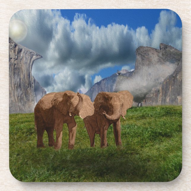 Posavasos Pintura de aceite de Dúo Elefante, conjunto de esc (Frente)