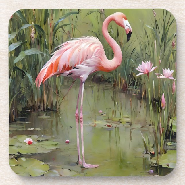 Posavasos Pintura De Aceite De Flamingo Rosa Y Láminas De Ag (Frente)