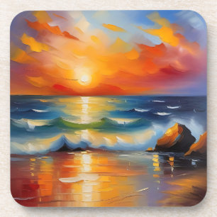 Posavasos Pintura de aceite de la puesta de sol de los naran
