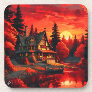 Posavasos Pintura de atardecer con cabaña y lago-66633
