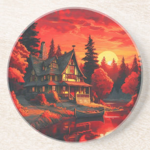 Posavasos Pintura de atardecer con cabaña y lago-66633