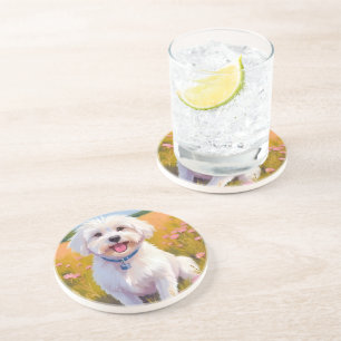 Posavasos Pintura de Campo de Flores de Perro Maltés