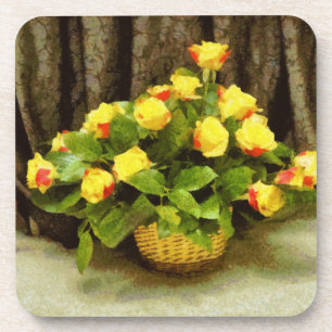 Posavasos Pintura de cesta de rosas amarillas