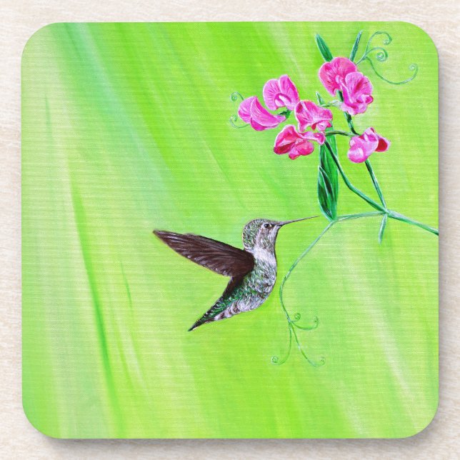 Posavasos Pintura de colibrí y guisantes dulces (Frente)