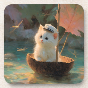 Posavasos Pintura de gatito blanco esponjoso navegando en co