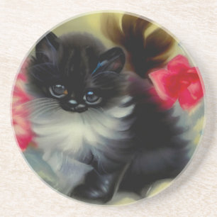 Posavasos Pintura de gatito blanco y negro vintage