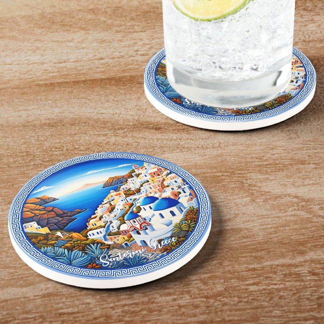 Posavasos Pintura de la isla griega de Santorini | Arte de v (Santorini Greece Island Painting | Travel Art Coaster)
