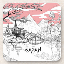 Pintura de línea del lago de montaña del templo ja