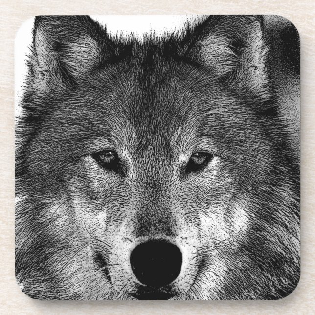 Posavasos Pintura de Lobo Blanco y Negro (Frente)