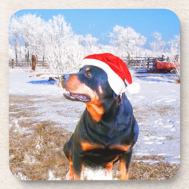 Posavasos Pintura de Navidades de perro de Rottweiler (Frente)