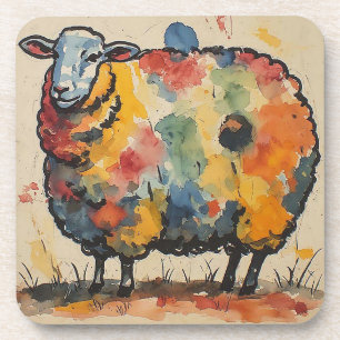 Posavasos Pintura de oveja juguetona en acuarela