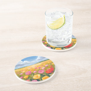 Posavasos Pintura de paisaje de campo de flores acuarela