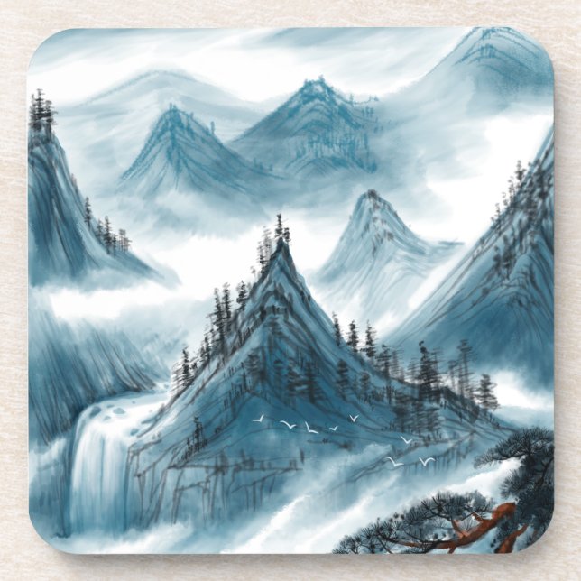 Posavasos Pintura de paisajes de Chinoiserie azul clásico (Frente)