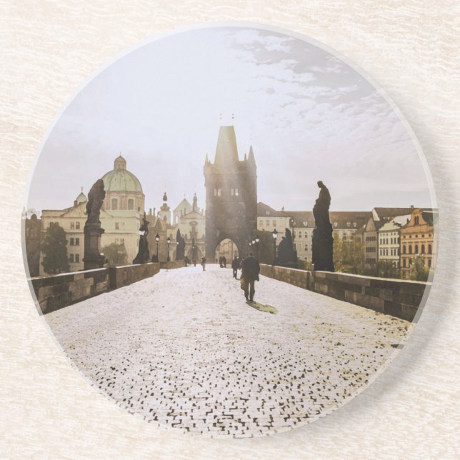Posavasos Pintura del puente Carlos en Praga al amanecer (Frente)