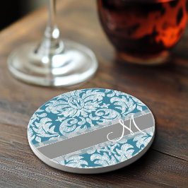 Posavasos Pizarra Teal y Blanca con Patrón Damask