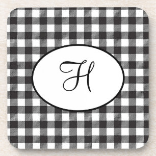 Posavasos Plaid negro y blanco con monograma personalizado