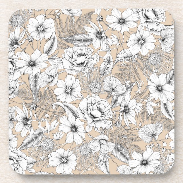 Posavasos Plano de línea floral botánica helechos beige (Frente)