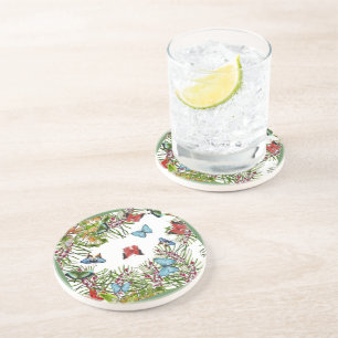 Posavasos Plantas Tropicales Mariposas Bayas Rojo Azul