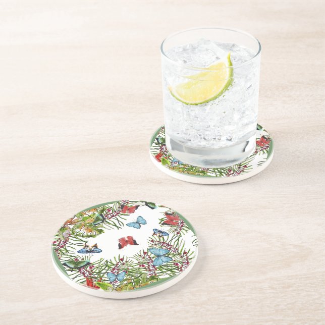 Posavasos Plantas tropicales Mariposas Berries Azul Rojo (Lado)