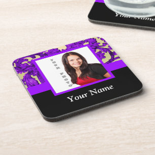 Posavasos Plantilla de foto de damasco morado floral