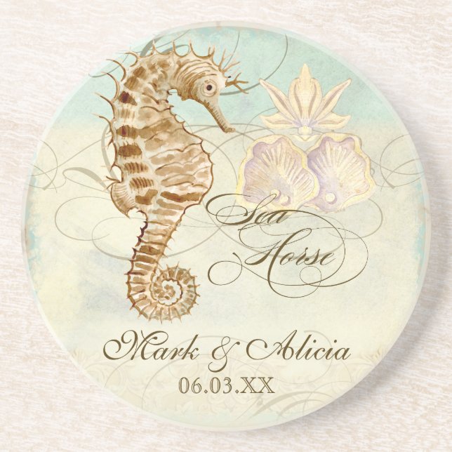Posavasos Playa costera de Caballo de Mar - Boda personaliza (Frente)