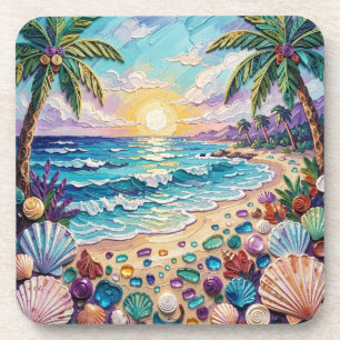 Posavasos Playa Impasto y puesta de sol de vidrio de mar y p
