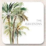 Posavasos Playa moderna de Palmeras Tropicales<br><div class="desc">Esta montaña recubierta por un conjunto de hermosas palmeras de color verde y marrón exuberante tropical con un fondo blanco sencillo y limpio. Ideal para los amantes de la playa o de la playa. Personalízalo con tu apellido. Creado por Simply Farmhouse Press.</div>