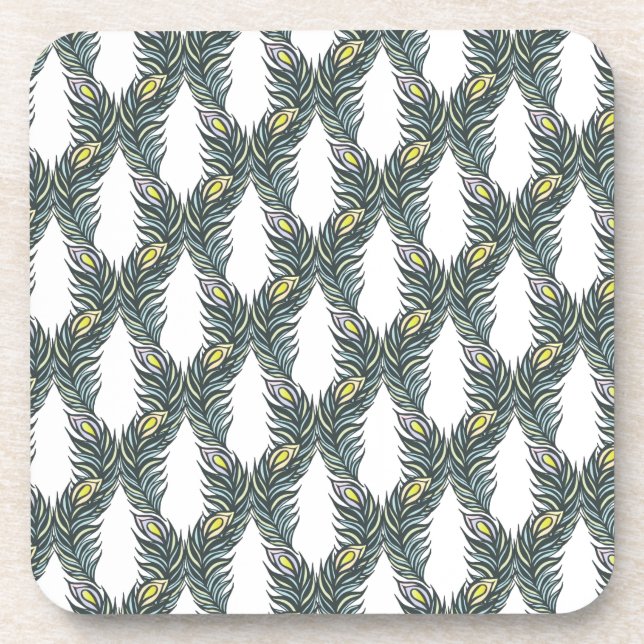 Posavasos plumas rusticas de pavo real, negro, verde y blanc (Frente)