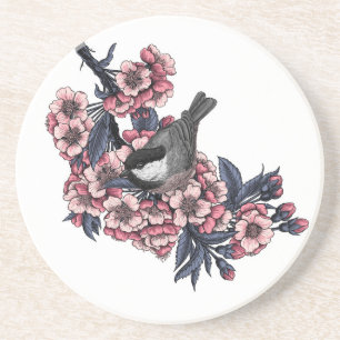 Posavasos Pollo en una rama de cerezo floreciente