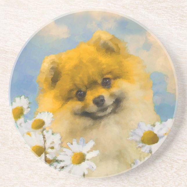 Posavasos Pomerania en pintura de Daisies - Arte de perro or (Frente)