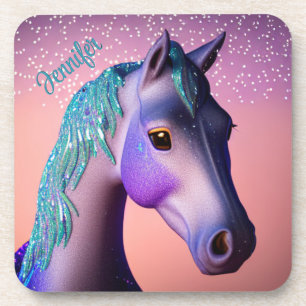Posavasos Pony mágico en morado y Verde azulado con nombre p