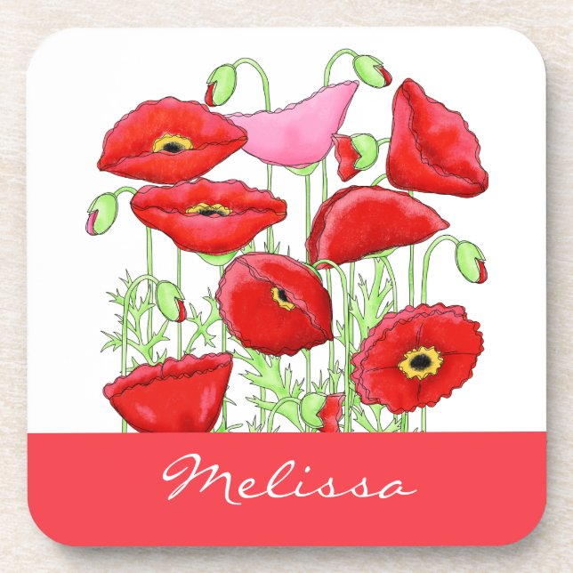 Posavasos Poppies rojos Art Custom Name Personalizado (Frente)