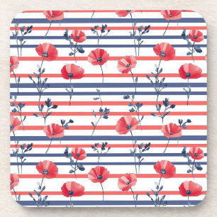 Posavasos Poppies rojos con hojas azules y patrón rayado 2