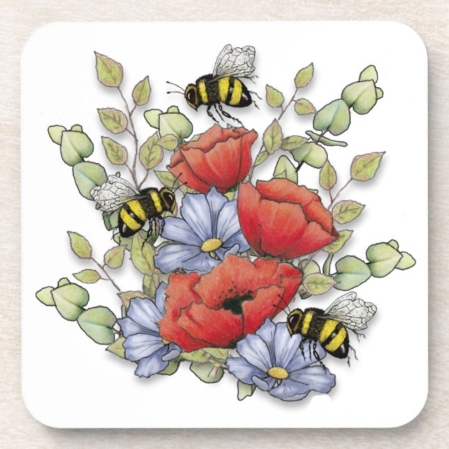 Posavasos Poppy Flowers and Bees Digital Drawing, Botanical  (Frente)