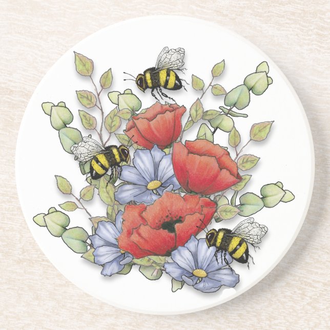 Posavasos Poppy Flowers and Bees Digital Drawing, Botanical  (Frente)