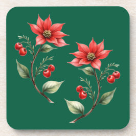 Posavasos Porta Copos   Natal verde e Flores Vermelhas