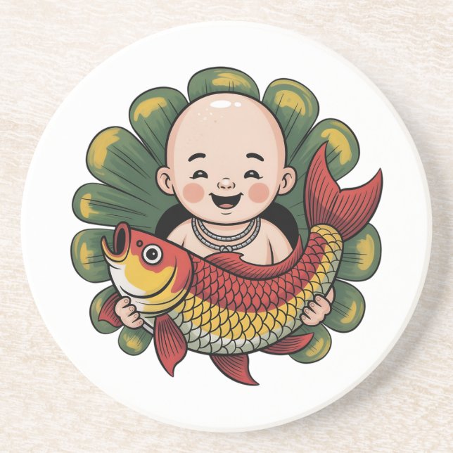 Posavasos Posavaso de arenisca | Un chico lindo con un Koi a (Frente)
