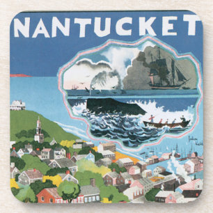 Posavasos Póster de viaje vintage, mapa de la isla de Nantuc