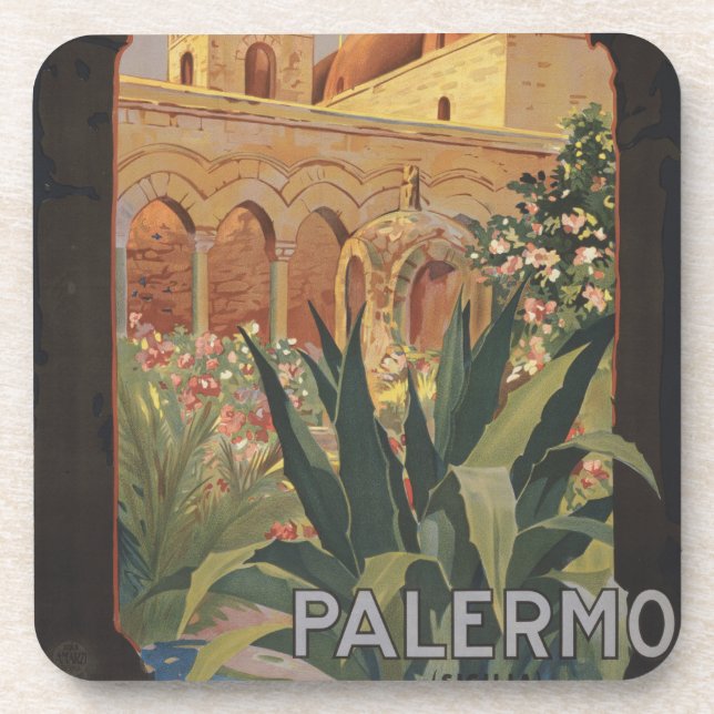 Posavasos Poster De Viajes Vintage Para Palermo, Italia. (Frente)