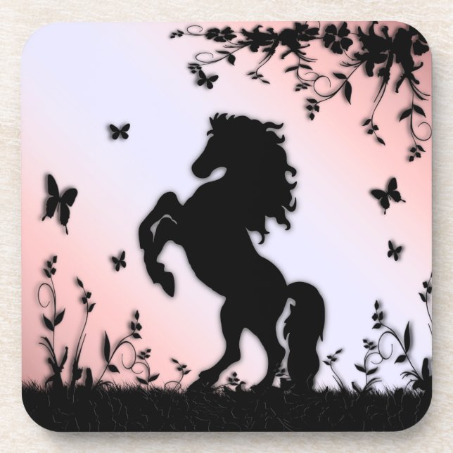Posavasos Potro Negro Alzándose Rosa (Frente)