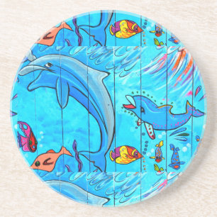 Posavasos práctico de costa de risa del azul de los delfín
