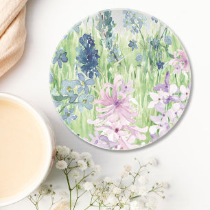 Posavasos Prado de flores púrpura azul acuarela en montaña
