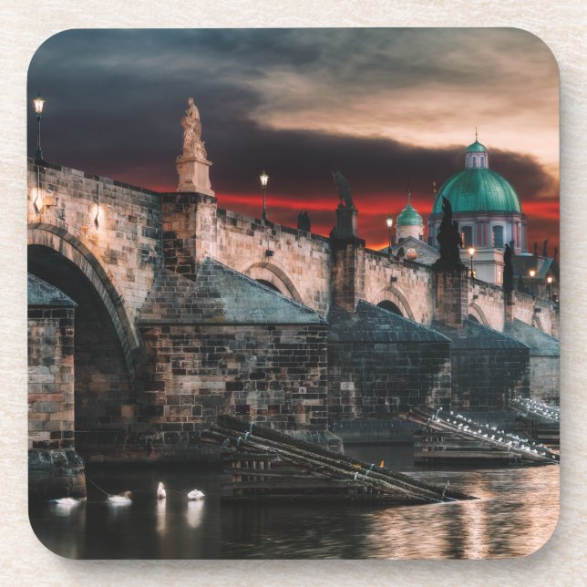 Posavasos Prague Charles Bridge Night Hard Plastic Coaster (Frente)
