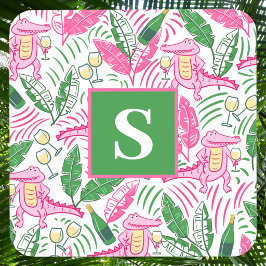 Posavasos Preppy Rosa Cocodrilo Monograma / Vino Hojas de Pa
