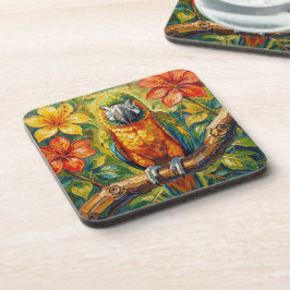 Posavasos Pretty Colorful Impasto Parrot and Tropical Flower