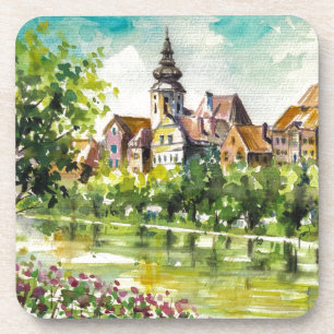 Posavasos Primavera en pequeña ciudad en el río