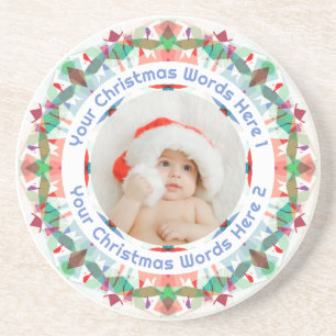 Posavasos Primer regalo de foto familiar de Navidad en azul,