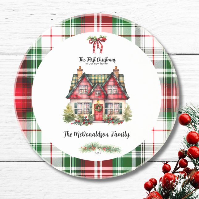 Posavasos Primera Navidad en casa de la familia de la Moda d (First Christmas In New Home House Country Rustic Watercolor Custom name coaster plaid checked green)