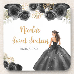 Posavasos Princesa floral con vestido negro dulce dieciséis