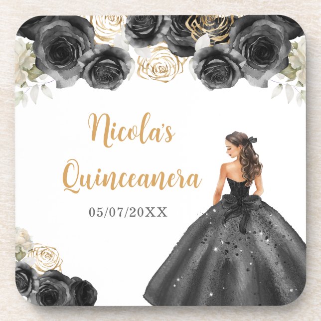 Posavasos Princesa floral con vestimenta negra Quinceanera (Frente)